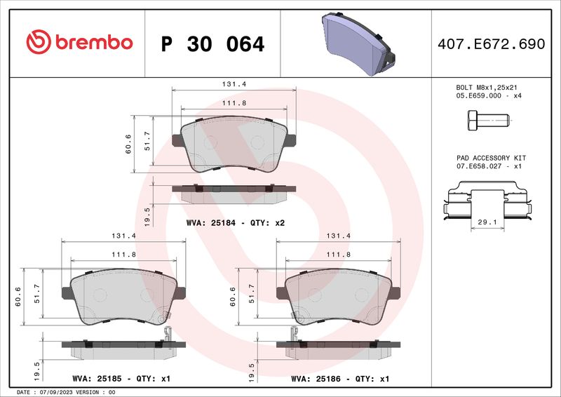 Комплект гальмівних накладок, дискове гальмо BREMBO P 30 064