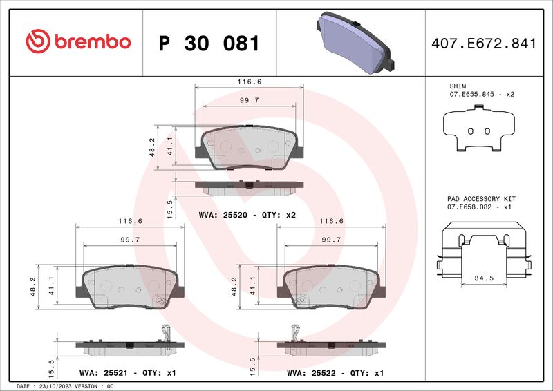 Комплект гальмівних накладок, дискове гальмо BREMBO P 30 081