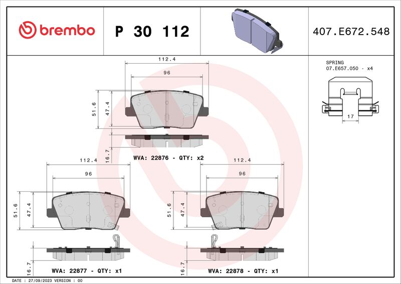 Stabdžių trinkelių rinkinys, diskinis stabdys BREMBO P 30 112