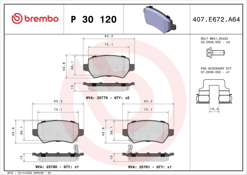 Комплект гальмівних накладок, дискове гальмо BREMBO P 30 120
