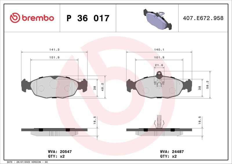 Комплект гальмівних накладок, дискове гальмо BREMBO P 36 017