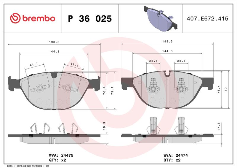 Stabdžių trinkelių rinkinys, diskinis stabdys BREMBO P36025