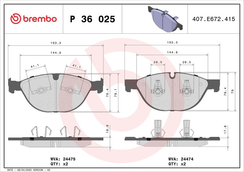 Комплект гальмівних накладок, дискове гальмо BREMBO P 36 025