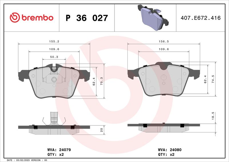 Комплект гальмівних накладок, дискове гальмо BREMBO P 36 027