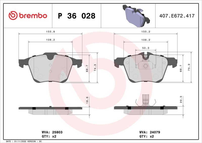 Brake Pad Set, disc brake BREMBO P 36 028