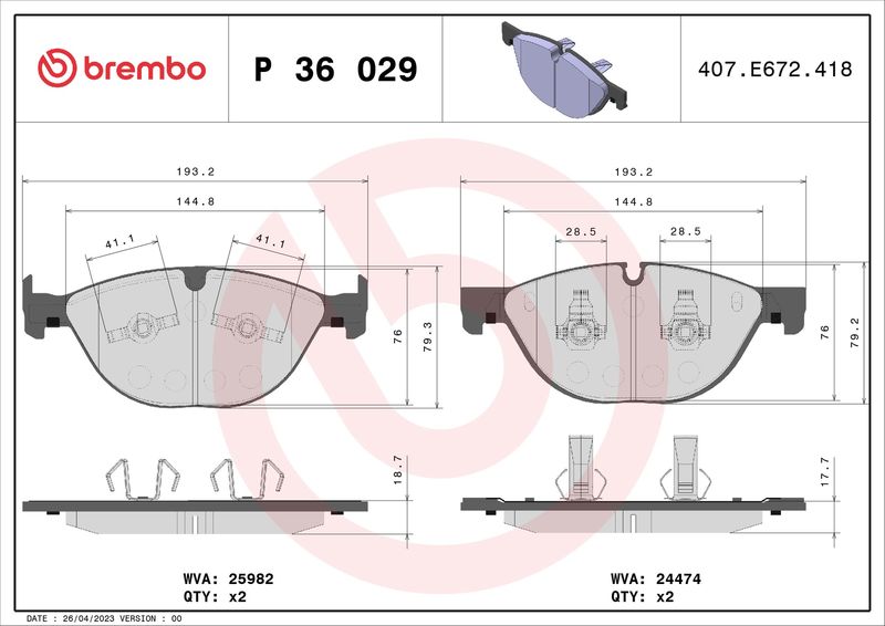 Stabdžių trinkelių rinkinys, diskinis stabdys BREMBO P 36 029