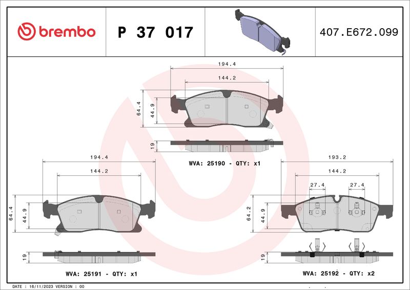 Комплект гальмівних накладок, дискове гальмо BREMBO P 37 017