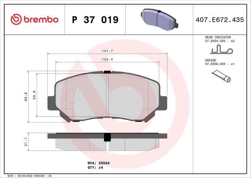 Комплект гальмівних накладок, дискове гальмо BREMBO P 37 019