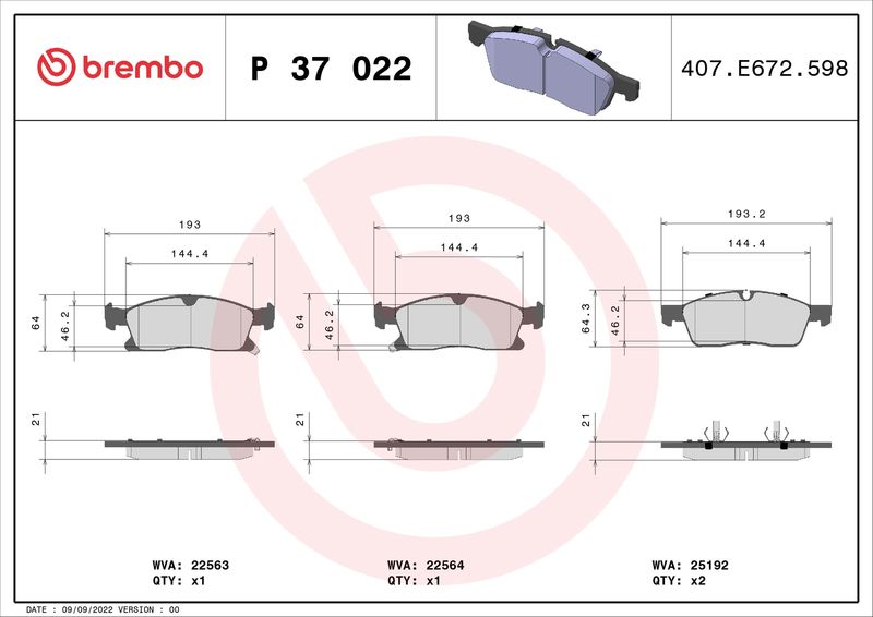 Stabdžių trinkelių rinkinys, diskinis stabdys BREMBO P 37 022