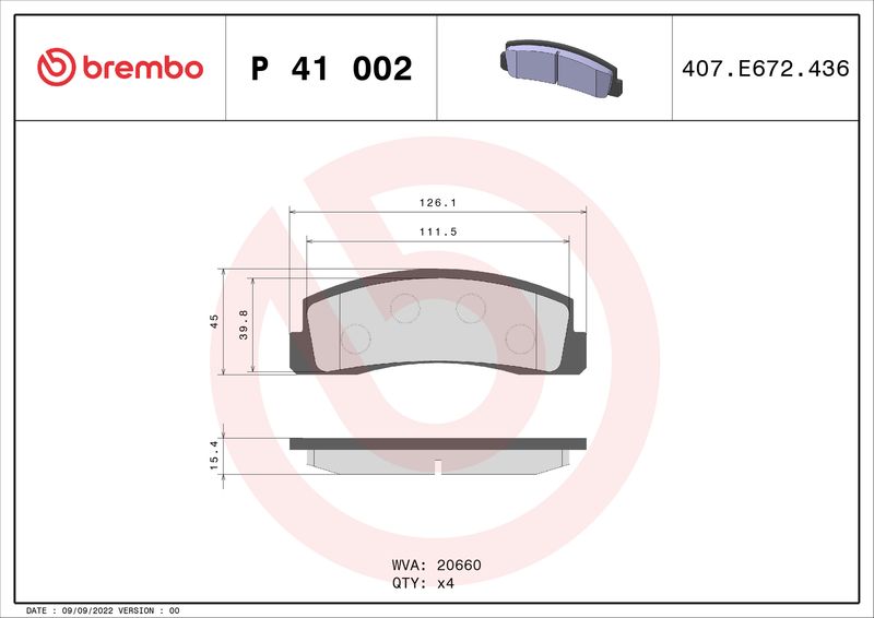 Комплект гальмівних накладок, дискове гальмо BREMBO P 41 002