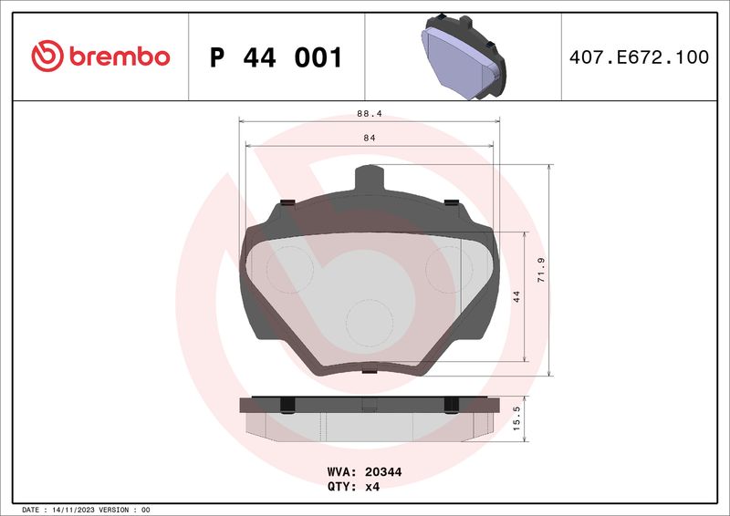 Комплект гальмівних накладок, дискове гальмо BREMBO P 44 001