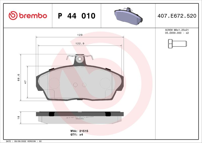 Stabdžių trinkelių rinkinys, diskinis stabdys BREMBO P 44 010