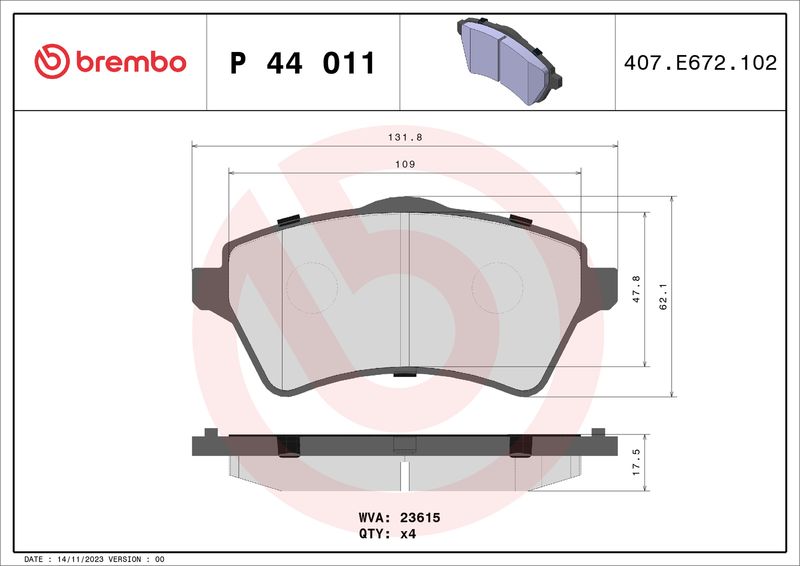 Stabdžių trinkelių rinkinys, diskinis stabdys BREMBO P 44 011