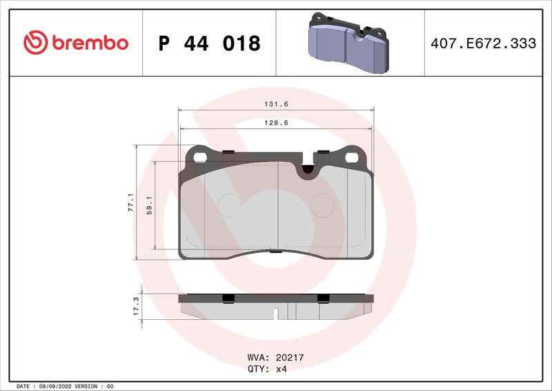Комплект гальмівних накладок, дискове гальмо BREMBO P 44 018
