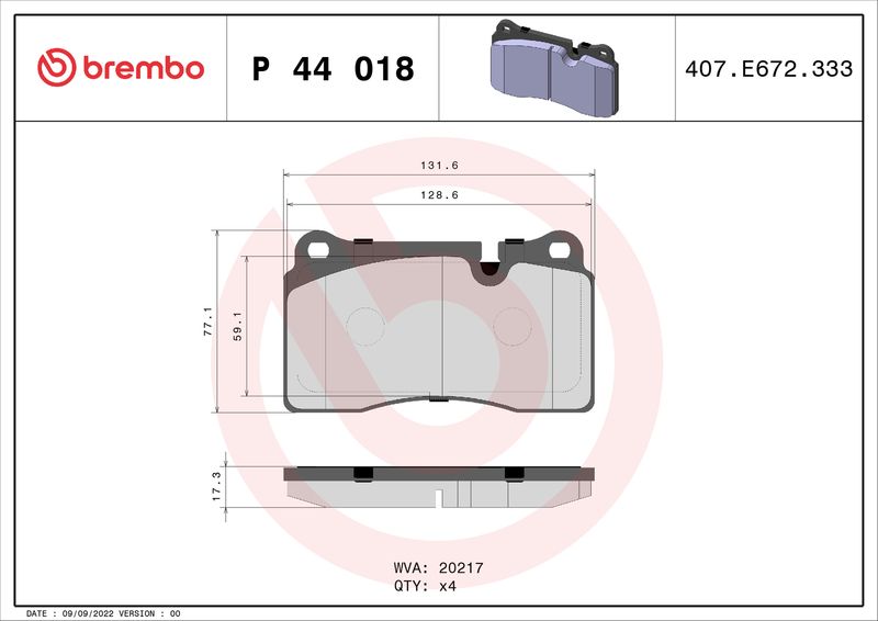 Stabdžių trinkelių rinkinys, diskinis stabdys BREMBO P 44 018