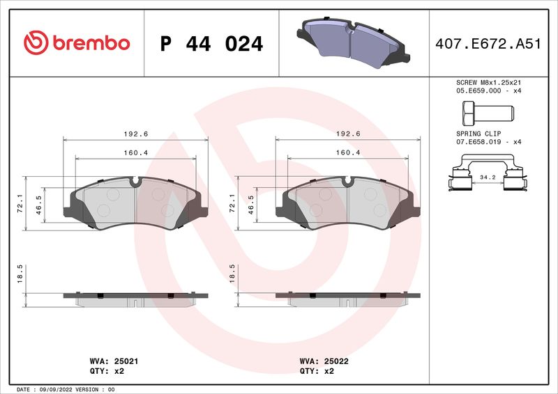 Комплект гальмівних накладок, дискове гальмо BREMBO P 44 024