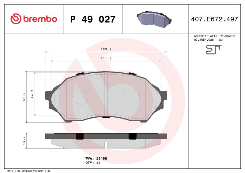 Комплект гальмівних накладок, дискове гальмо BREMBO P 49 027