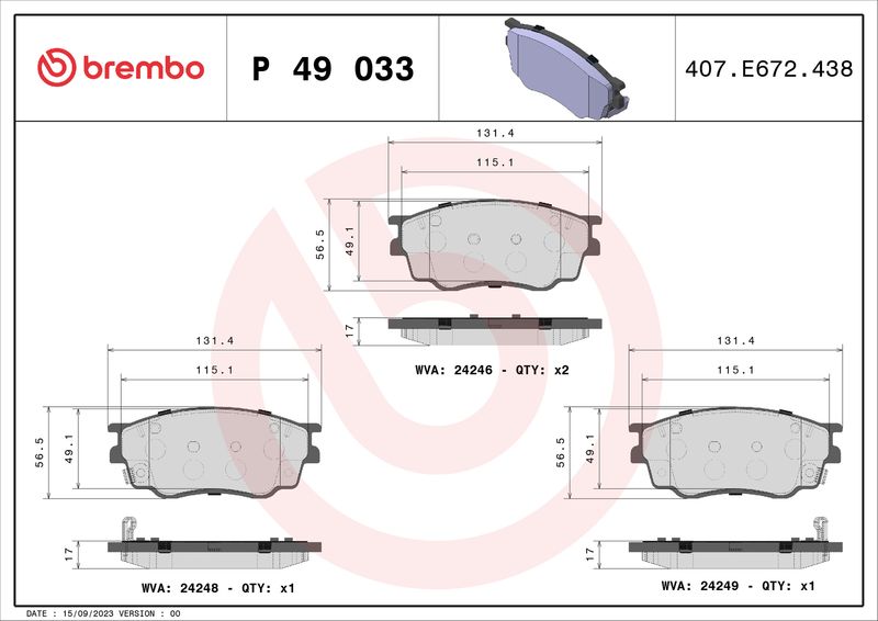 Stabdžių trinkelių rinkinys, diskinis stabdys BREMBO P 49 033