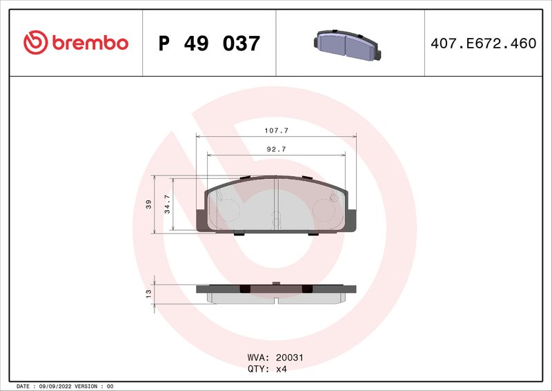 Комплект гальмівних накладок, дискове гальмо BREMBO P 49 037