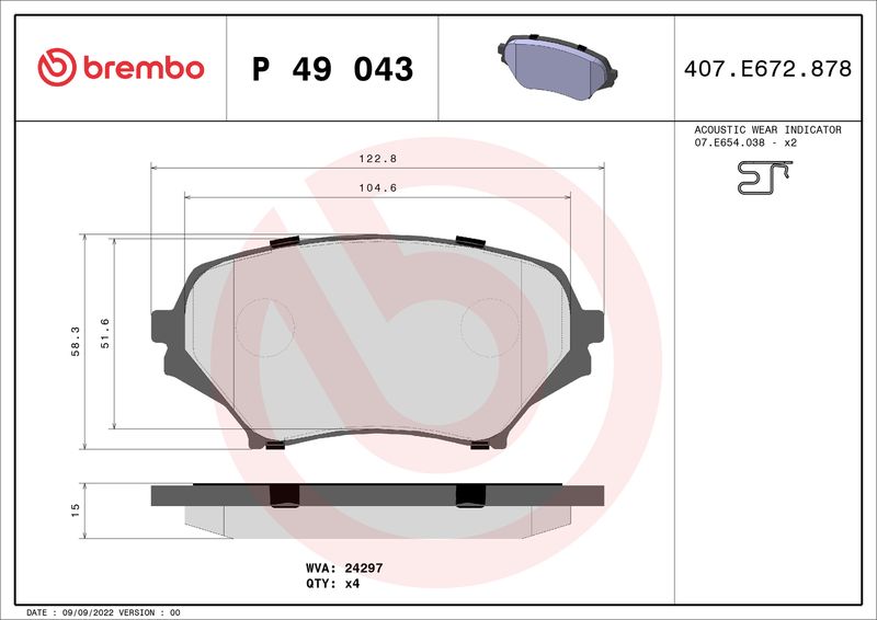 Комплект гальмівних накладок, дискове гальмо BREMBO P 49 043