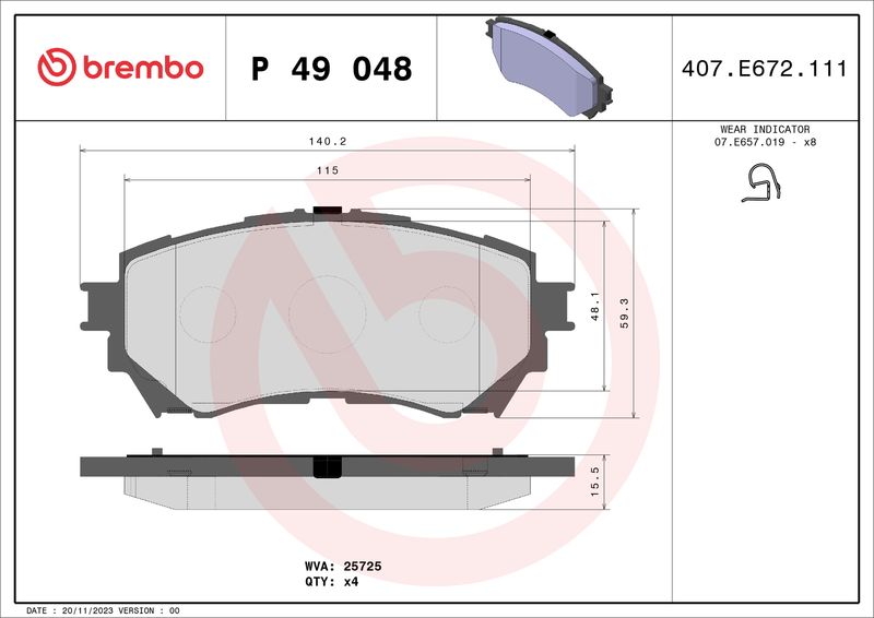 Комплект гальмівних накладок, дискове гальмо BREMBO P 49 048