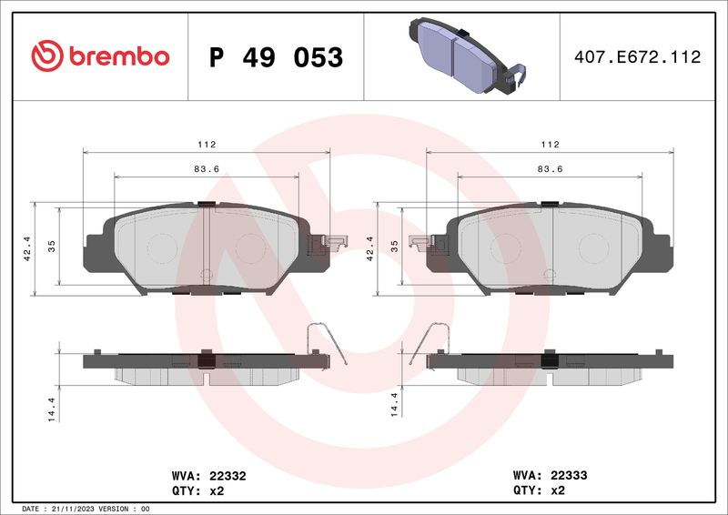 Комплект гальмівних накладок, дискове гальмо BREMBO P 49 053