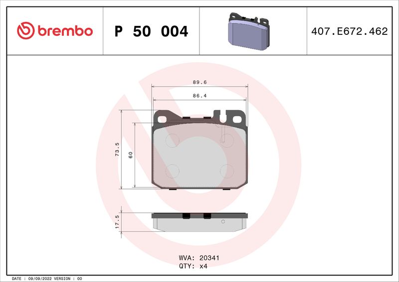 Stabdžių trinkelių rinkinys, diskinis stabdys BREMBO P 50 004