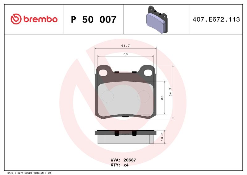 Комплект гальмівних накладок, дискове гальмо BREMBO P 50 007