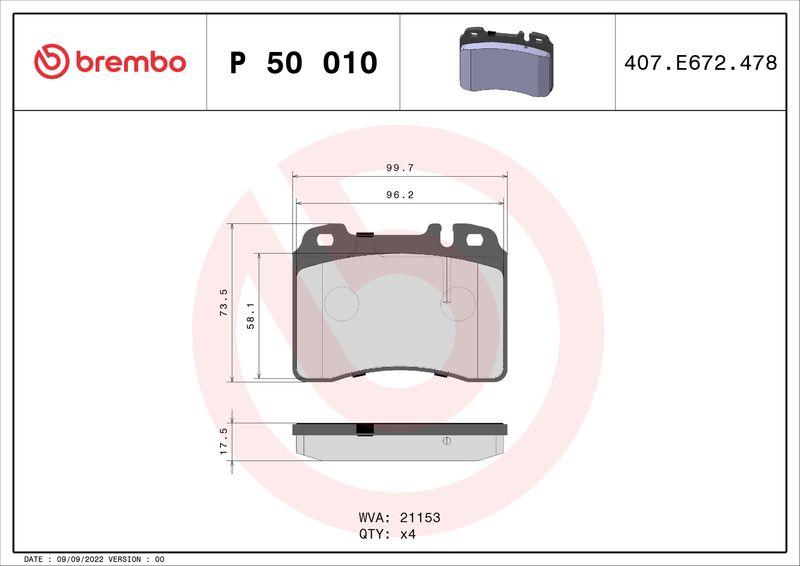 Stabdžių trinkelių rinkinys, diskinis stabdys BREMBO P 50 010