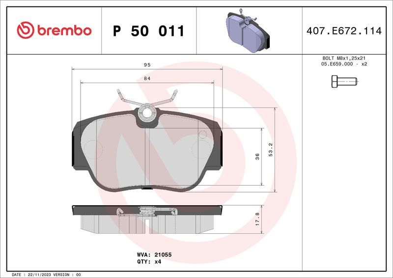 Комплект гальмівних накладок, дискове гальмо BREMBO P 50 011