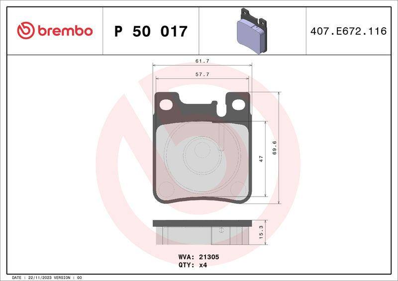 Комплект гальмівних накладок, дискове гальмо BREMBO P 50 017