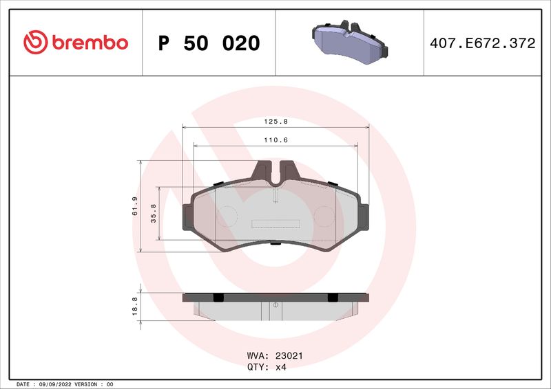 Stabdžių trinkelių rinkinys, diskinis stabdys BREMBO P 50 020