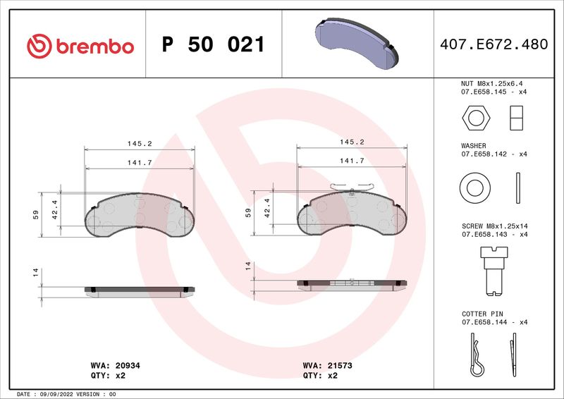 Комплект гальмівних накладок, дискове гальмо BREMBO P 50 021