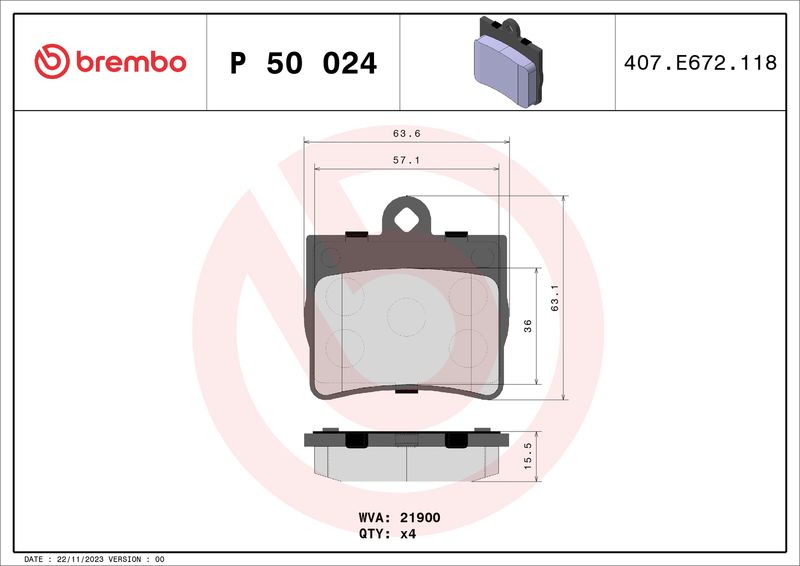 Комплект гальмівних накладок, дискове гальмо BREMBO P 50 024