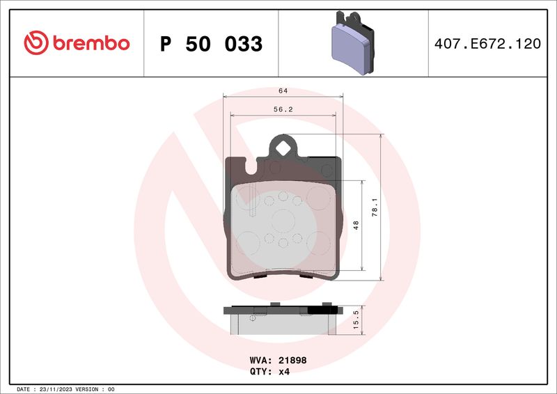 Комплект гальмівних накладок, дискове гальмо BREMBO P 50 033X