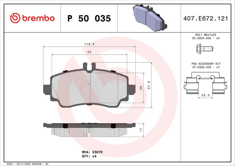 Комплект гальмівних накладок, дискове гальмо BREMBO P 50 035