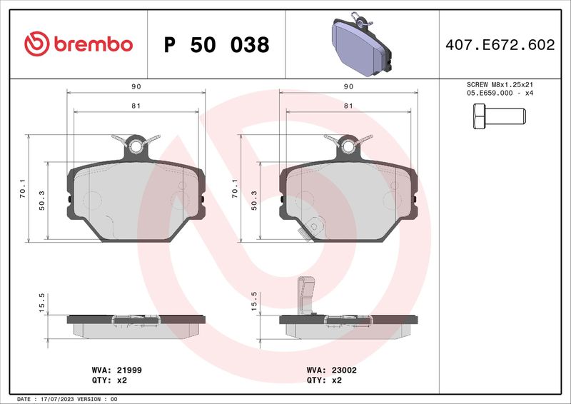 Stabdžių trinkelių rinkinys, diskinis stabdys BREMBO P 50 038