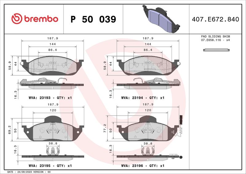 Комплект гальмівних накладок, дискове гальмо BREMBO P 50 039