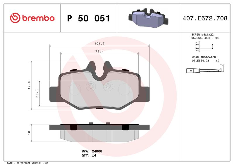 Stabdžių trinkelių rinkinys, diskinis stabdys BREMBO P 50 051