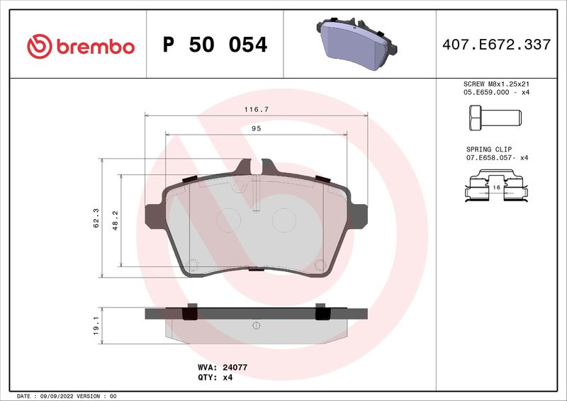 Комплект гальмівних накладок, дискове гальмо BREMBO P 50 054