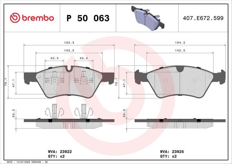 Комплект гальмівних накладок, дискове гальмо BREMBO P 50 063