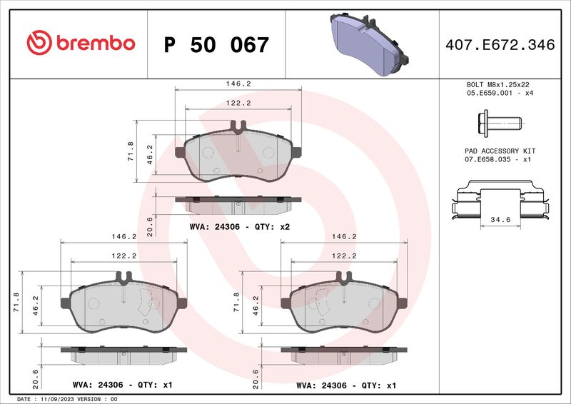 Комплект гальмівних накладок, дискове гальмо BREMBO P 50 067