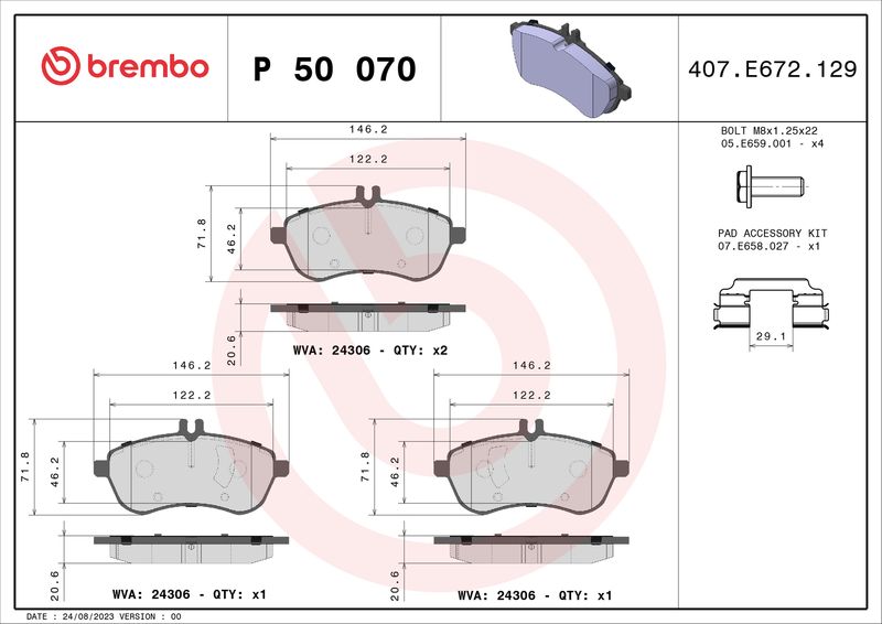 Stabdžių trinkelių rinkinys, diskinis stabdys BREMBO P 50 070