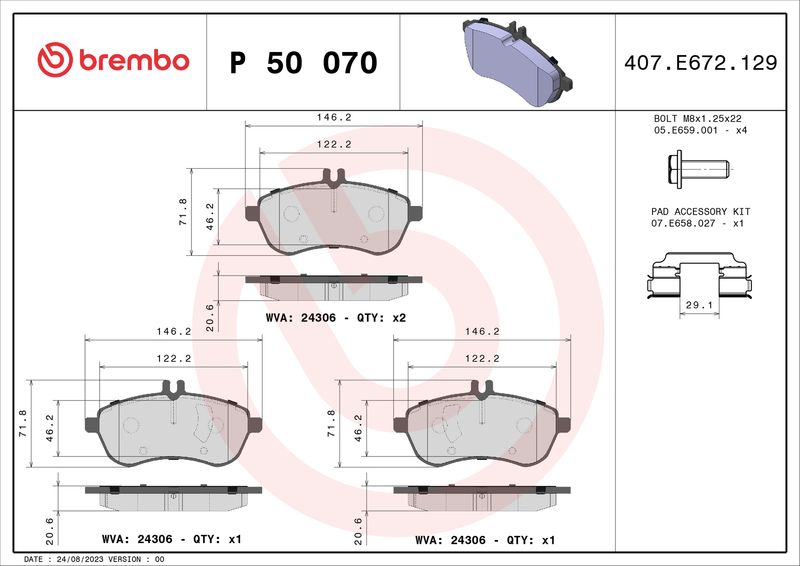 Комплект гальмівних накладок, дискове гальмо BREMBO P 50 070