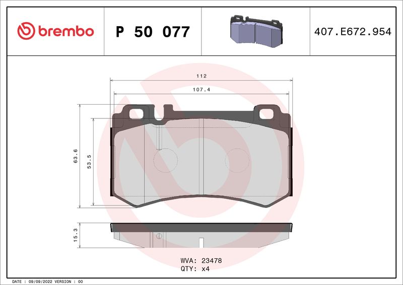 Комплект гальмівних накладок, дискове гальмо BREMBO P 50 077