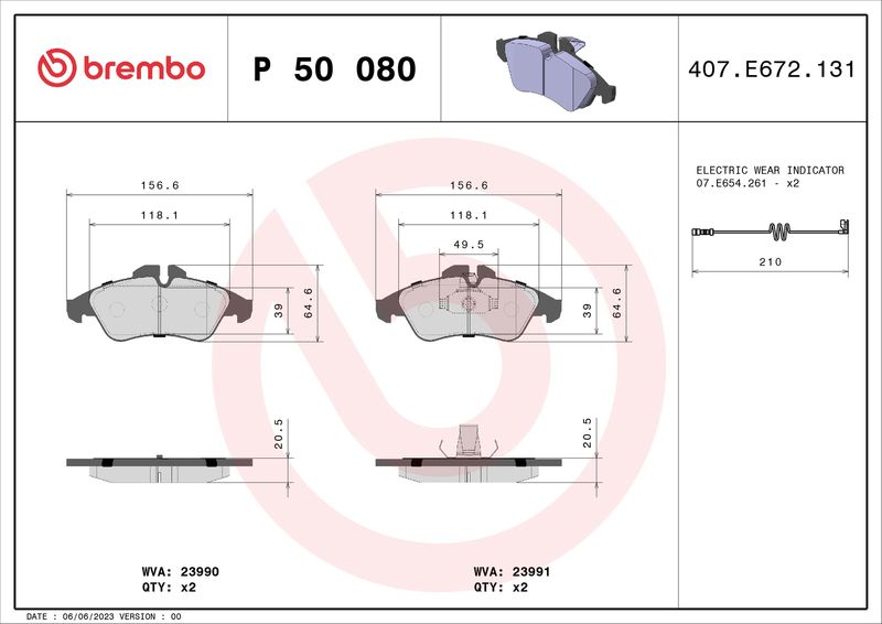 Комплект гальмівних накладок, дискове гальмо BREMBO P 50 080