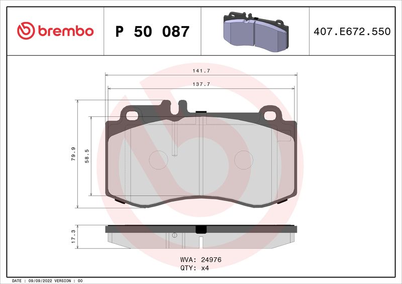 Комплект гальмівних накладок, дискове гальмо BREMBO P 50 087