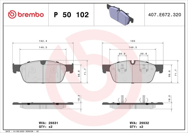 Комплект гальмівних накладок, дискове гальмо BREMBO P 50 102