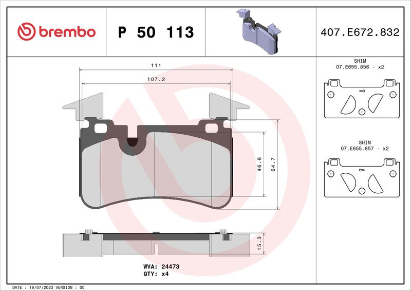 Комплект гальмівних накладок, дискове гальмо BREMBO P 50 113