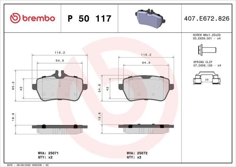 Комплект гальмівних накладок, дискове гальмо BREMBO P 50 117